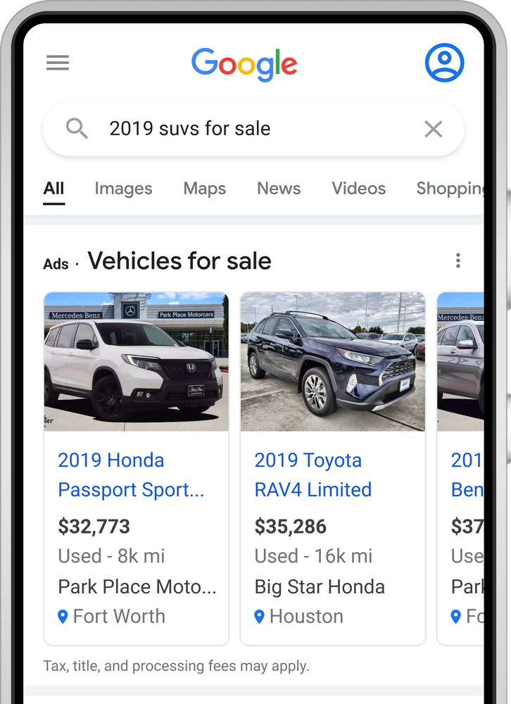 Voorbeeld Vehicle Ads in Search spotlight beschikbare auto's